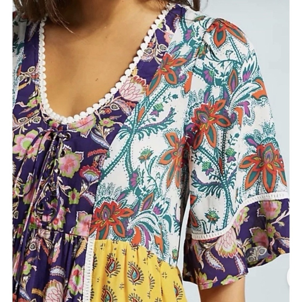 Anthropologie Lilka Yellow & Purple Patchwork Trapeze Beach Dress Size Xs‎ - Picture 2 of 8